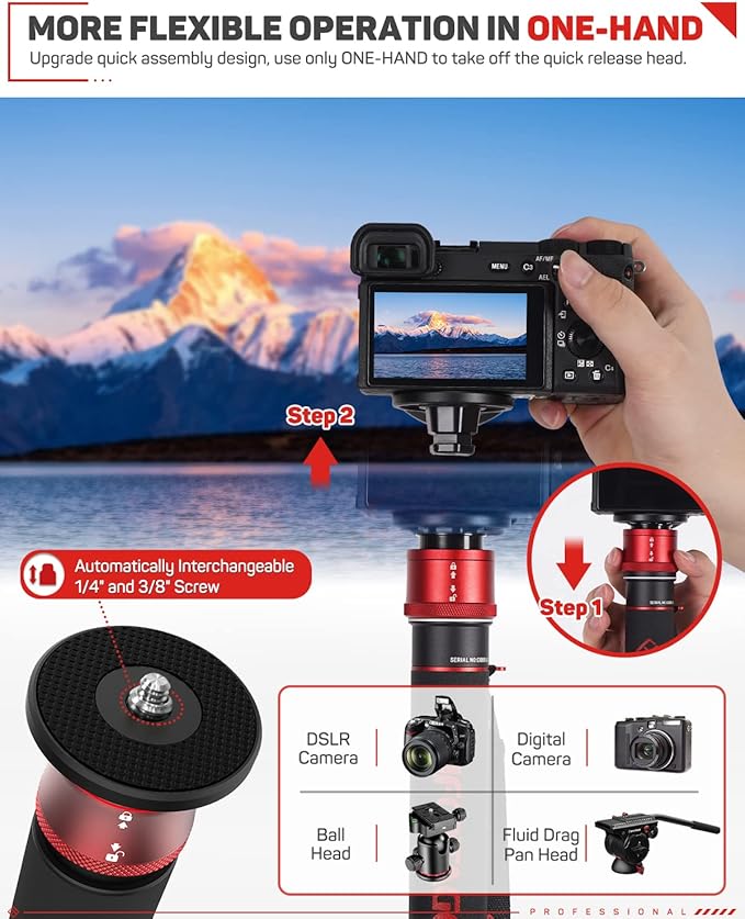 IFOOTAGE 71" Carbon Fiber Monopod Kit with Fluid Head, Portable Travel Camera Monopod with Feet, Max Load 17.64 lbs, Compatible with Sony, Canon, Nikon DSLR Cameras, Cobra 3 C180F & Komodo K5