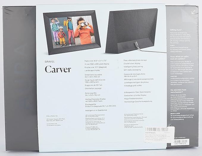 Aura Carver HD WiFi Digital Picture Frame, 10.1”, Add Photos with Aura App, Free Unlimited Storage - Wirecutter’s Pick for Best Digital Photo Frame 2022 - Gravel