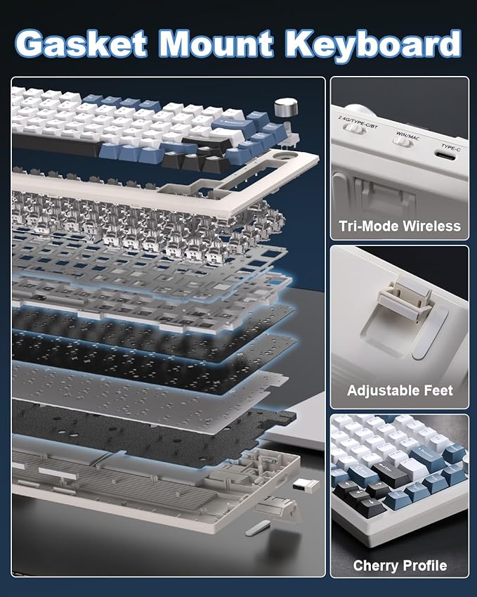 Y75 Wireless Mechanical Keyboard,75% Hot Swappable Custom Keyboard with Knob,RGB Backlit, PBT Keycaps,2.4GHz/USB-C/BT5.0 Mechanical Gaming Keyboards(White&Blue,Milk Switch)