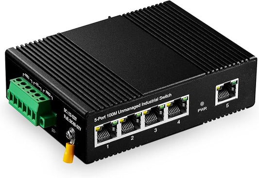 5 Port Industrial Ethernet Switch, 4 Ports and 1 Uplink 10/100Mbps, Fanless Din Rail and Wall Mount, IP40 Aluminum Alloy -40~75°C(-40~185°F), with One Power Supply