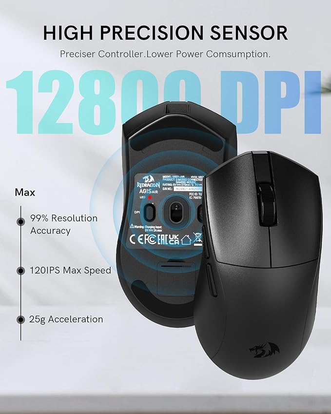 Redragon Wireless Gaming Mouse, 54G Lightweight, Tri-Mode 2.4G/USB C Wired/Bluetooth, Black PC Gaming Mice for Computer Laptop Mac Windows, Max 128000 DPI, 1K Polling, 6 Programmable Buttons, M821