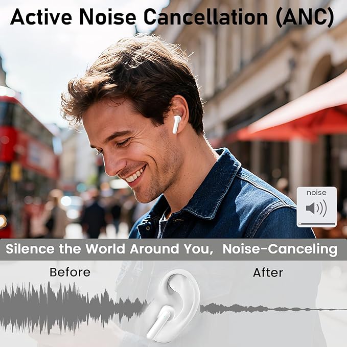 Wireless Earbuds, Ear Buds with Big Bass Stereo Sound, Lightweight Bluetooth Earbuds with 60 Hours Playtime (White)