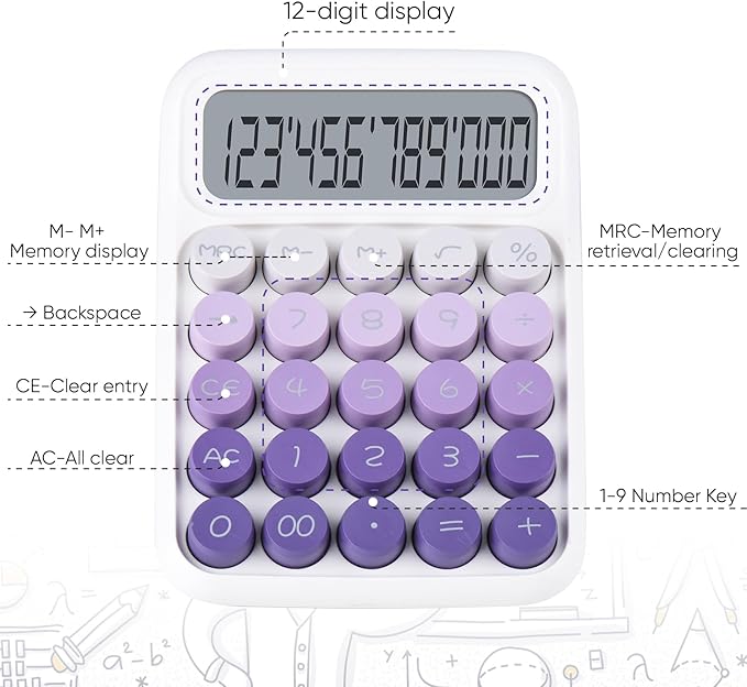 Mechanical Pushbutton Calculator,12 Digit Large LCD Display,Big Buttons Easy to Press,Colorful Candy Calculator,Automatic Sleep,with Battery.for Office,School, Home. (Violet)