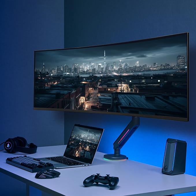 AVLT Single 27”-45” RGB Gaming Monitor Arm Desk Mount Built-in 20 Lighting Modes Touch Button Control Fits Flat/Curved/Ultrawide Screens Height Swivel Tilt Rotation Adjustable Stand -Dark Gray