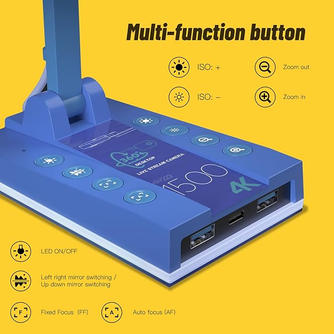 Mirabox 4K Ultra HD 3-in-1 15MP USB Document Camera/Webcam/Visualizer,Compatible with Mac OS,Windows,Chromebook for Live Demo,Web Conferencing,Distance Learning,Remote Teaching,Object Viewing