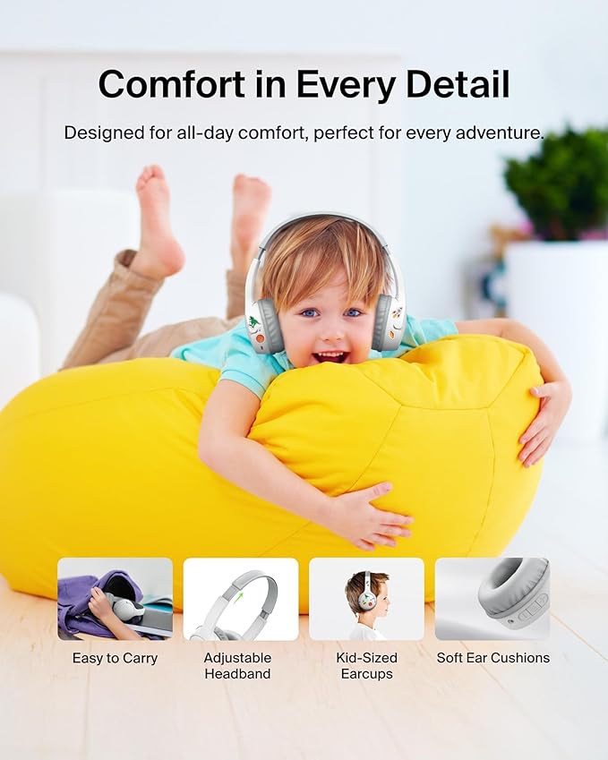 Belkin SoundForm Mini - Wireless Bluetooth Kids Headphones, 30H Battery, 85dB Safe Volume Limit, Built-in Microphone - Toddler On-Ear Earphones for iPhone, iPad, Fire Tablet, Ideal for School - White