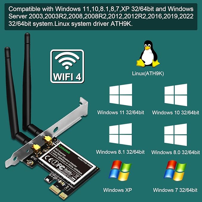 Wireless N 600Mbps (2.4GHz 300Mbps and 5GHz 300Mbps) PCIE WiFi Adapter, PCIE WiFi Card, QUALCOMM Atheros AR946X Wireless Network Adapter for Windows 10 8.1 8 7 XP Desktop PCs (PCIE-N600)