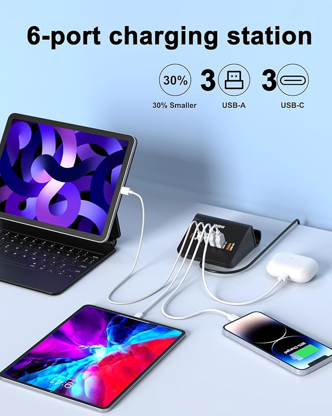 USB C Charging Station 35W, VHBW 6-Port (3 USB-C and 3 USB-A) Desktop Fast Charging Station for iPhone 14/13/12,Samsung Galaxy S23/S22/S21,etc