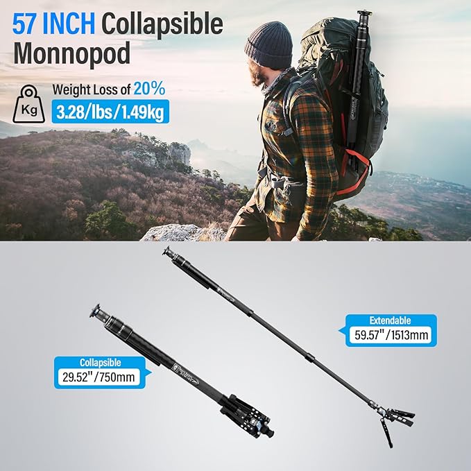 SIRUI SVM-145 Rapid Monopod with Feet, 57” Professional Carbon Fiber Camera Monopod, One-Step Rapid Height Adjustment, Modular 3 in 1, Max Load 22lbs