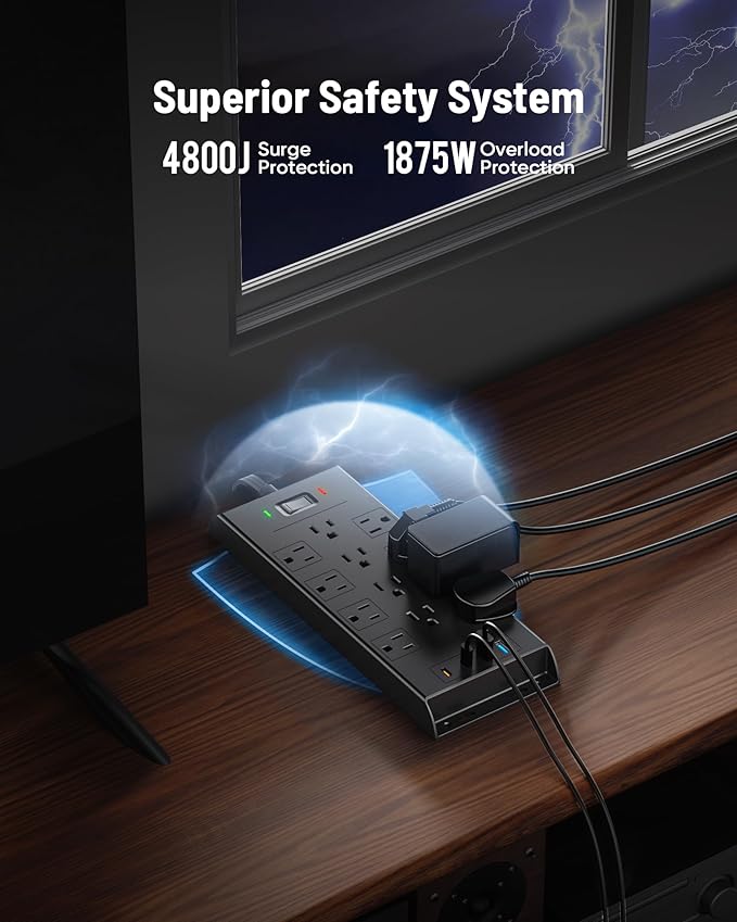 Surge Protector Power Strip 4800J, LeZone 15Ft Long Extension Cord Flat Plug, 12 Outlets 2 USB C 2 USB Ports, Wall Mountable, 20W Desk Charging Station, Black