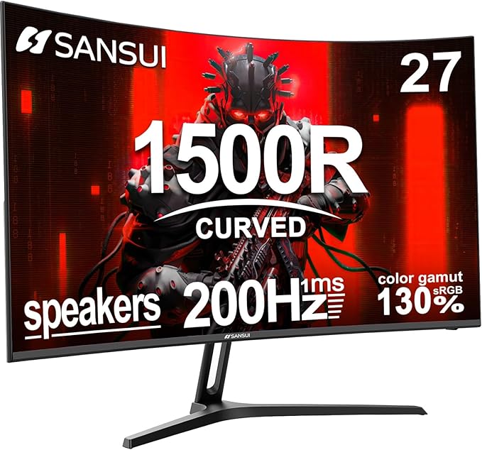 SANSUI 27 Inch Curved Gaming Monitor 200Hz 180Hz 1ms with Speakers FHD 1080P Computer Monitor FreeSync|1500R|130% sRGB|HDR|Low Blue Light|HDMI DP Ports|VESA Mount|Metal Stand(HDMI Cable Incl.)