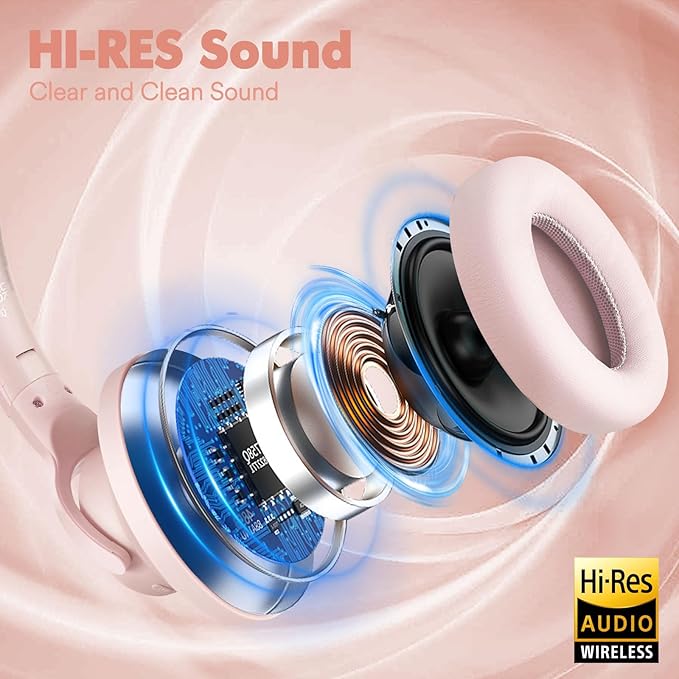 ZIHNIC Active Noise Cancelling Headphones, 60H Playtime Wireless Bluetooth Headset Low Latency-Pink