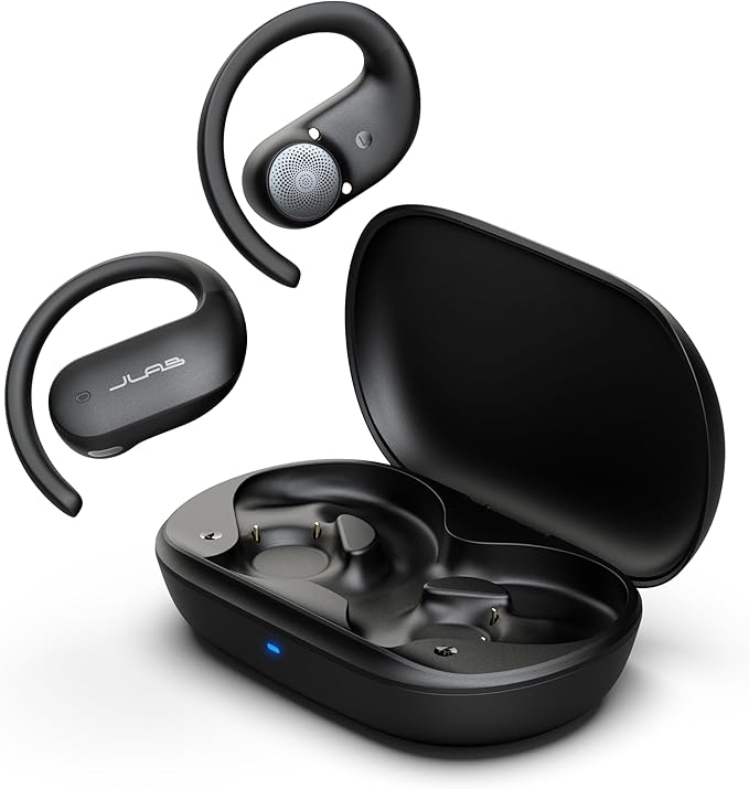 JLab JBuds Open Sport Earbuds, Black, Ear Hook Design for Workout Fitness, Wireless Open-Ear Audio Freedom, Safe Listening, Bluetooth Multipoint, Customize with The App
