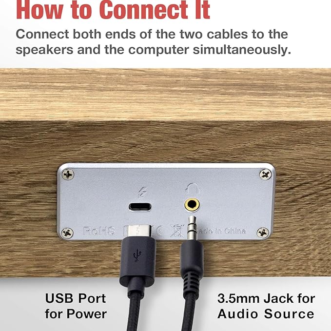 MICA Computer Speakers, Wired Computer Sound Bar, Wooden Mini Soundbar, USB Powered PC Speakers 3.5mm AUX & PC Input (Yellow)