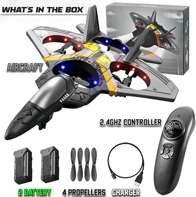 4CH Rc Plane - Remote Control Plane - RC Fighter Jet 4 Channel, Extra 2 Rechargeable Battery LED Airplane Fighter, Low Battery Alarm, Easy to Fly Drone Gift for Boys