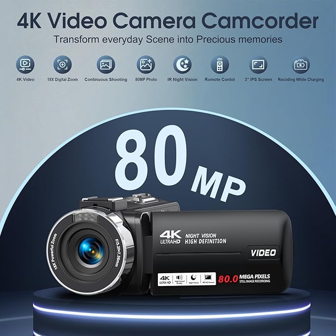 Camcorder Video Camera 4K HD 80MP Vlogging Camera for YouTube IR Night Vision Camera 18X Digital Zoom 3.0 IPS Screen Video Recorder with 32GB SD Card, 2 Batteries, Remote Control