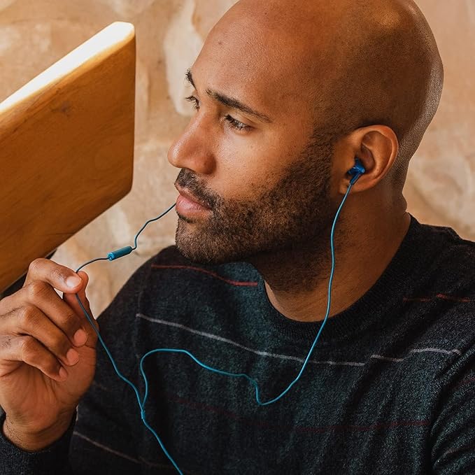 Panasonic ErgoFit Wired Earbuds With Microphone, 3.5mm Jack Wired Headphones with Mic and Call Controller, Ergonomic Custom-Fit Earpieces (S/M/L), for Phones and Laptops - RP-TCM125-A (Blue)