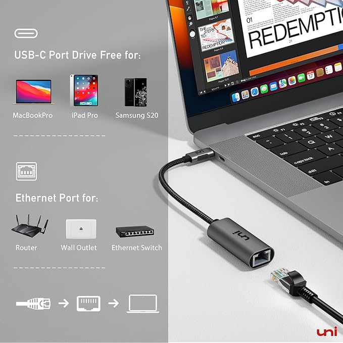 uni USB C to Ethernet Adapter, Driver Free RJ45 to USB C [Thunderbolt 3/4 Compatible], 1Gbps Type-C Gigabit Ethernet LAN Network Adapter for MacBook Pro/Air, iPhone 15 Pro/Max, Dell XPS, Galaxy S8-S24