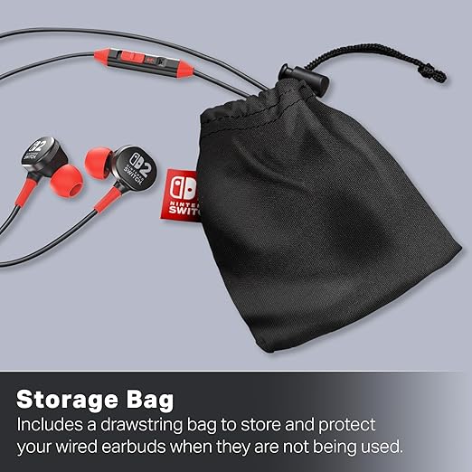 PowerA Wired Earbuds for Nintendo Switch 2- Black, Officially Licensed, 8 mm Speaker Drivers, in-Ear Design, 3 Swappable Tips, Includes Drawstring Storage Bag