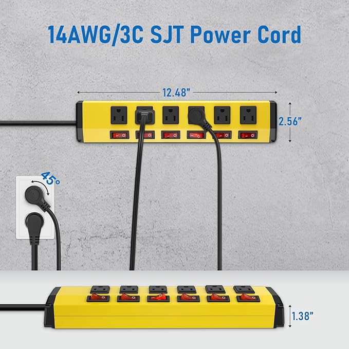 ANNQUAN 6 Outlet Metal Power Strip with 6 Individual Switches,Heavy Duty Power Strip 1200J 15A 3FT Cord Home Office Industrial Commercial Shop