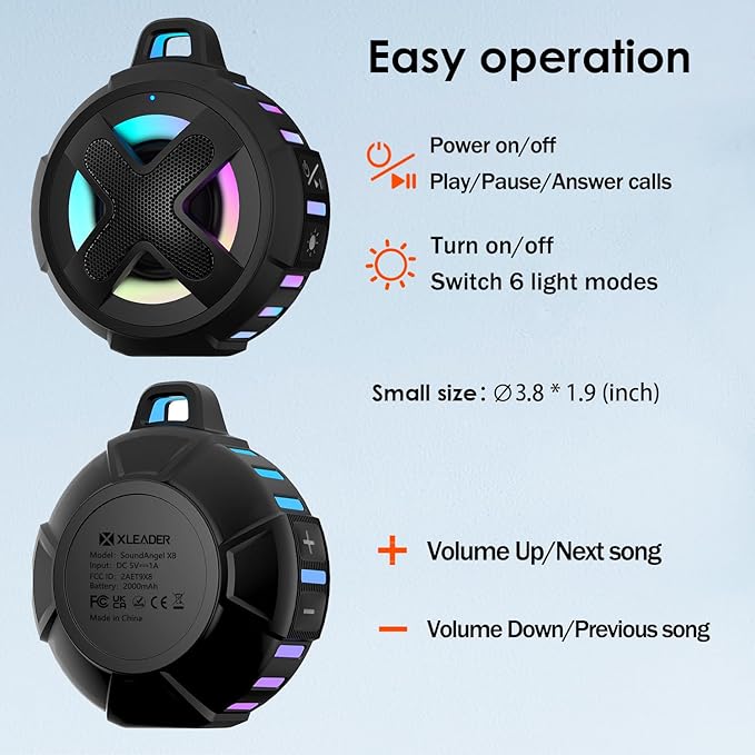 Upgraded, Bluetooth Speaker, Shower Speaker, Certified IP67 Waterproof, Silicone Case, 10W Pro Sound & Deep Bass, 24Hrs Playtime, Lights, Small Wireless, Portable Clip, for Beach Kayak Camping Gifts
