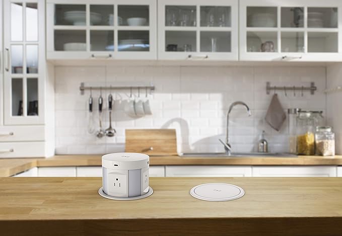 Automatic Pop up Outlet, Wireless Charger Power Strip Surge Protector Recessed Outlet, 4 AC Plug + Type-A and Type-C USB Port Outlets for Countertop Kitchen Island Conference Workbench, ETL Listed