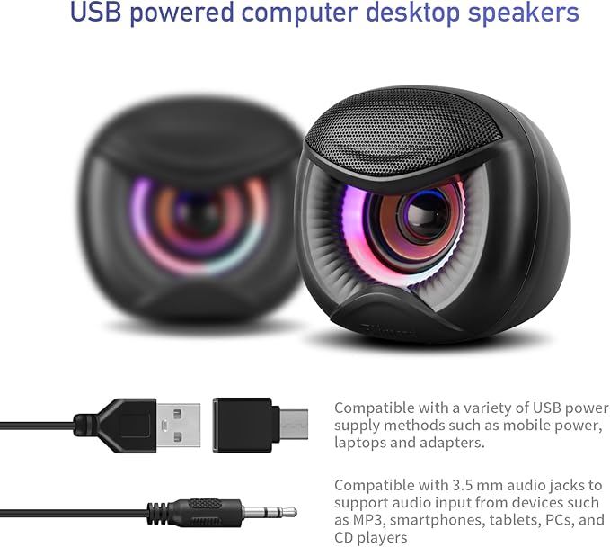 USB Computer Speakers for RGB Lighting, PC Speakers with a USB-C Interface are Suitable for Desktop Laptop Monitor, Owl Eye Design, Colorful Lights