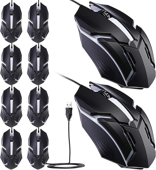 Sratte 10 Pack Black USB Wired Mouse Bulk 1200 Dpi RGB Optical Computer Mouse 3 Button 7 Color LED Backlit Wired Ergonomic USB for Gaming Office Desktop Laptop Gamer Computer