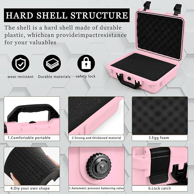 16.3 x 12.4 x 6.5 Inch Waterproof Hard Case with DIY Customizable Foam Insert Portable Protective Case with Knife for Camera Drones Equipments Tools Test Instruments (Pink)