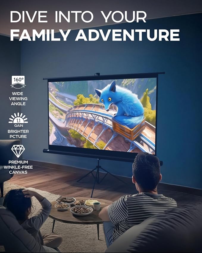 PropVue Projector Screen with Stand 84" - Indoor & Outdoor Projection Screen for Movie or Office Presentation - 16:9 HD Premium Wrinkle-Free Tripod Screen for Projector with Carry Bag & Tight Strap