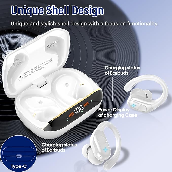 Wireless Earbuds Bluetooth 5.4 Headphones 75H Stereo Deep Bass Sports Over Ear Buds with Earhooks, LED Display Bluetooth Earbuds with 4 ENC Mic, IP7 Waterproof Earphone for Running, White