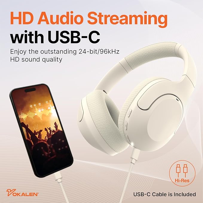 VOKALEN Hyper Pro Adaptive Active Noise-Cancelling Wireless Headphones, Bluetooth Over-Ear with Mic, 60H Playtime, Hi-Res Audio, Deep Bass, Custom EQ (Ivory White)