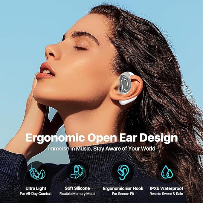 Open Ear Earbuds Ultra Comfort Wireless Bluetooth 5.4 Headphones Over The Ear Earbuds with Intelligent Touch Screen EarHooks IPX7 Waterproof Bone Conduction Earphones for Fitness Sports-White