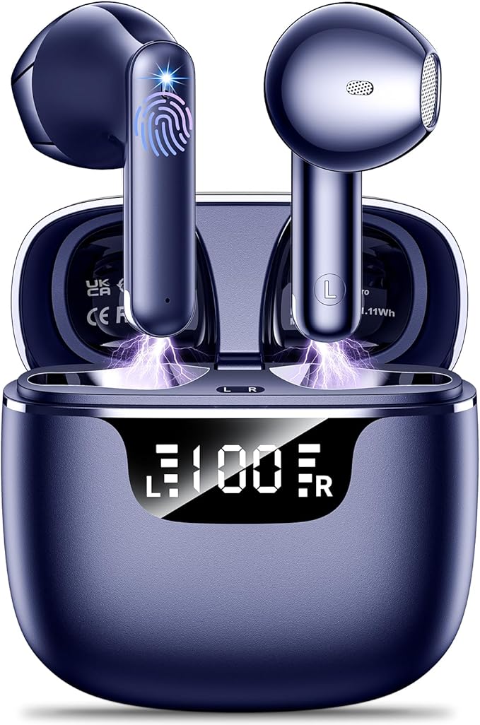 Wireless Earbuds, Bluetooth 5.4 Headphones with 42H Ultralight Ear Buds,Bluetooth Earbuds with 4 ENC Noise Cancelling Mics, HiFi Deep Bass Dual LED Display USB-C, Waterproof Earphones Blue