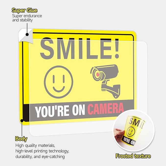 2PCS Smile Your On Camera Sign, Self-Adhesive Waterproof and Fade-Resistant Security Camera Sticker,You Are Being Recorded Sign for Home, Office, Shop, Door（7.7" x 5.3"）