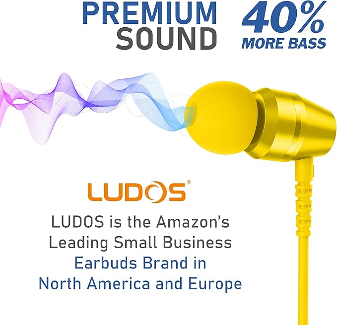 LUDOS OMNITONE Wired Earbuds in-Ear Headphones, 5 Years Warranty, Earphones with Microphone, 3.5 mm Jack Corded Ear Buds, Videoconference for iPhone, Samsung, Laptop, Kids, School Students - Yellow