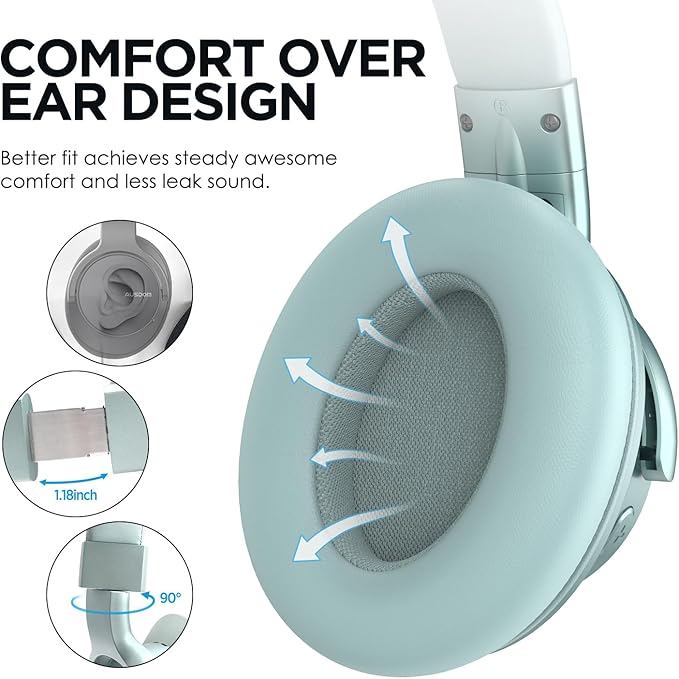 AUSDOM Wireless Headphones Noise Cancelling: Bluetooth Over Ear ANC Headphones with 50H Playtime, Microphone, Deep Bass, Hi-Fi Sound, Comfortable Ear Cushions for Travel Work, Mint Green
