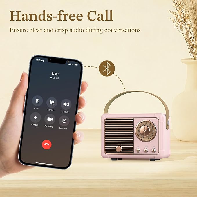 PRUNUS J-999 Retro Bluetooth Speaker,Vintage Decor,Mini Wireless Bluetooth Speaker,Cute Old Fashion Style Support USB/TF Card/AUX for Kitchen Desk Bedroom Office Party Outdoor(Pink)