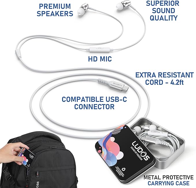 LUDOS OMNITONE USB C Headphones for iPhone 16 15 Pro Max Plus iPad Pro, 5 Years Warranty, USB-C Earbuds for Samsung Galaxy S24 S23 Ultra S22 S21 FE S20 A55 A54 A53, USB Type C Earphones - White