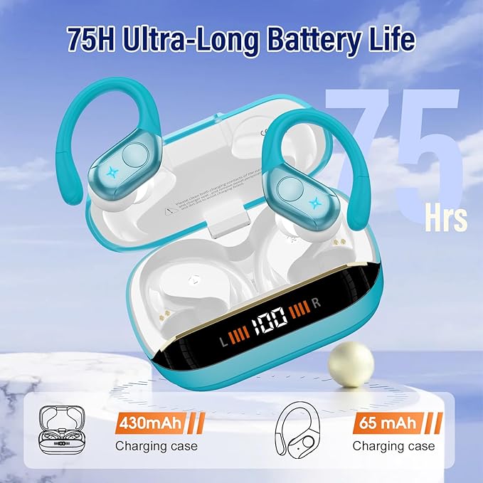 Wireless Earbuds Bluetooth 5.4 Headphones 75H Stereo Deep Bass Sports Over Ear Buds with Earhooks, LED Display Bluetooth Earbuds with 4 ENC Mic, IP7 Waterproof Earphone for Running, Blue
