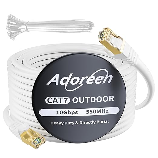 Adoreen Cat 6E Cat 7 Outdoor Ethernet Cable 200 FT White, High Speed Shielded Network Cable, S/FTP, POE, 26AWG OFC, Heavy-Duty Waterproof Direct Burial Cat 6A Internet Cable RJ45 LAN Cord+Ties-WH