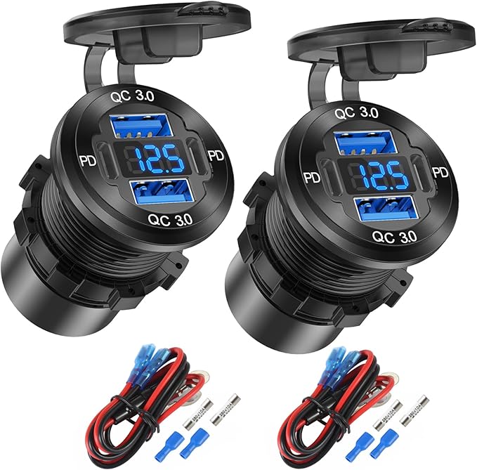 2 Pack 4 Port 12V USB Outlet Aluminum Charger, 78W Dual PD & QC Multiple USB Port for Car, USB C Cigarette Lighter Replacement 12 Volt Socket with Voltmeter Waterproof for Marine Boat Motorcycle RV