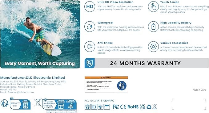 4K60FPS Action Camera Touchscreen, 40M Waterproof Underwater Camera with 64G SD Card, 6-Axis Stabilization Motorcycle Camera 8X Zoom with 2.4G Remote Control 2 * 1350 mAh Batteries