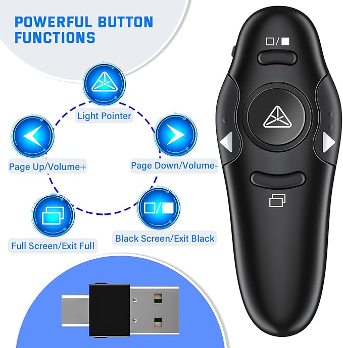 2-in-1 USB Type C Presentation Clicker Wireless Presenter Remote with Laser Pointer, RF 2.4GHz USB C PowerPoint Clicker Slide Advancer for Computer/Mac/Laptop