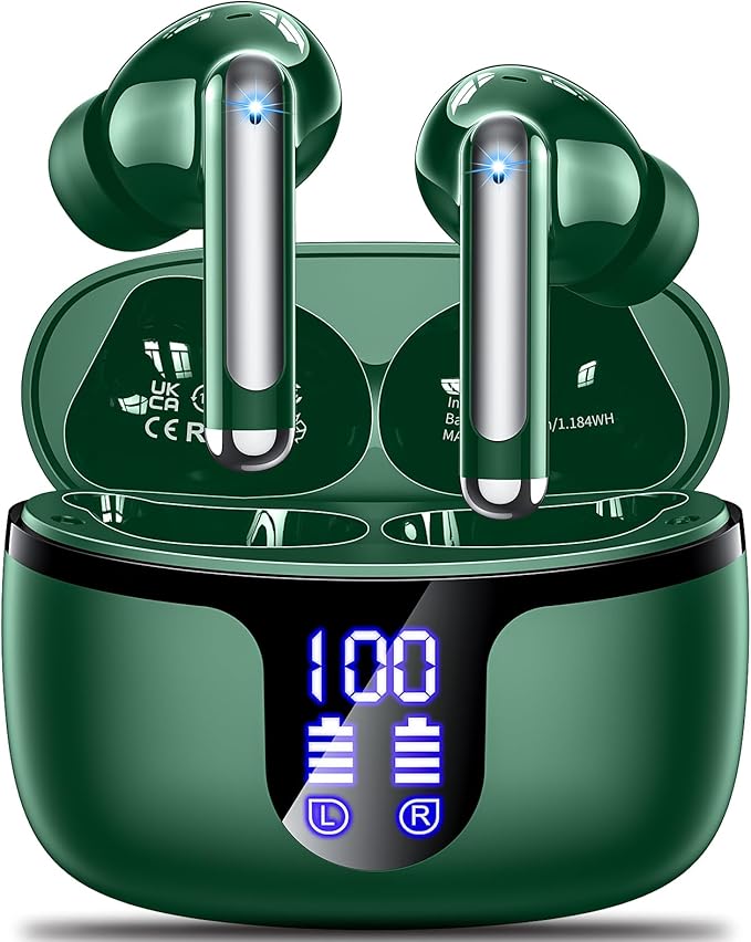 S48 wireless earbuds green Headphones bluetooth 5.4 42h Duration Playback for running/fitness/office use. Equipped with 4 noise cancelling microphones, IPX7 waterproof and LDE battery display screen