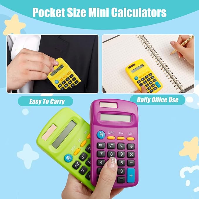 36 Pack Pocket Calculators, Solar & Battery Powered Desktop Calculators, 8 Digit Display, Mini Size, for Students, Kids, School, Home, Office (6 Colors)