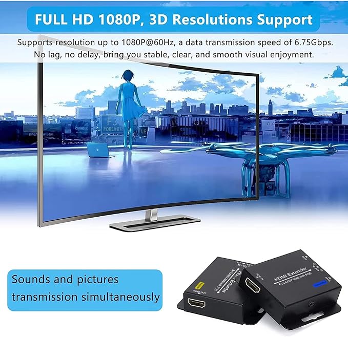 200Ft HDMI Extender Over CAT6 CAT7 RJ45 ethernet to HDMI Converter LAN Extension POC Support 1080P 3D EDID Copy Deep Color Compatible with PC PS4 Roku Unilateral Power Supply