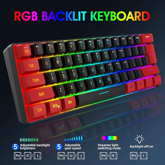 Snpurdiri 60% Wired Gaming Keyboard, Ultra-Compact RGB Backlit Small Gaming Keyboard for PC Computer Gamer (Red and Black)