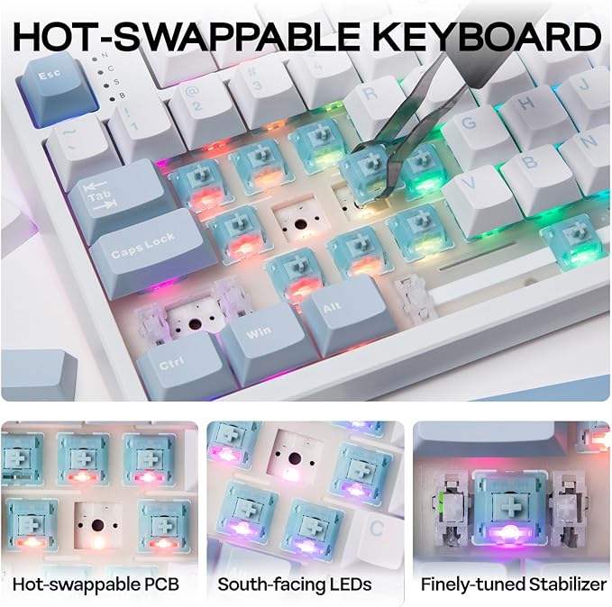 EPOMAKER TH108 Full Size Mechanical Keyboard, Wireless Gaming Keyboard with 8000mAh Battery, Creamy Gasket, 108 Keys, Hot Swap, Custom Driver, RGB Backlight (Blue&White, Sea Salt Silent)