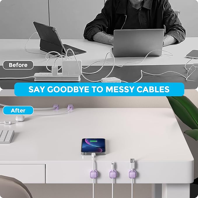 AhaStyle 6 Pack Magnetic Cable Organizer [1s Lock] Cord Holders Clips Strong Adhesive Cord Keeper [Smooth Adjustable] Hide Wire Cord Organizer for Nightstand Kitchen Car Office (Lavender)